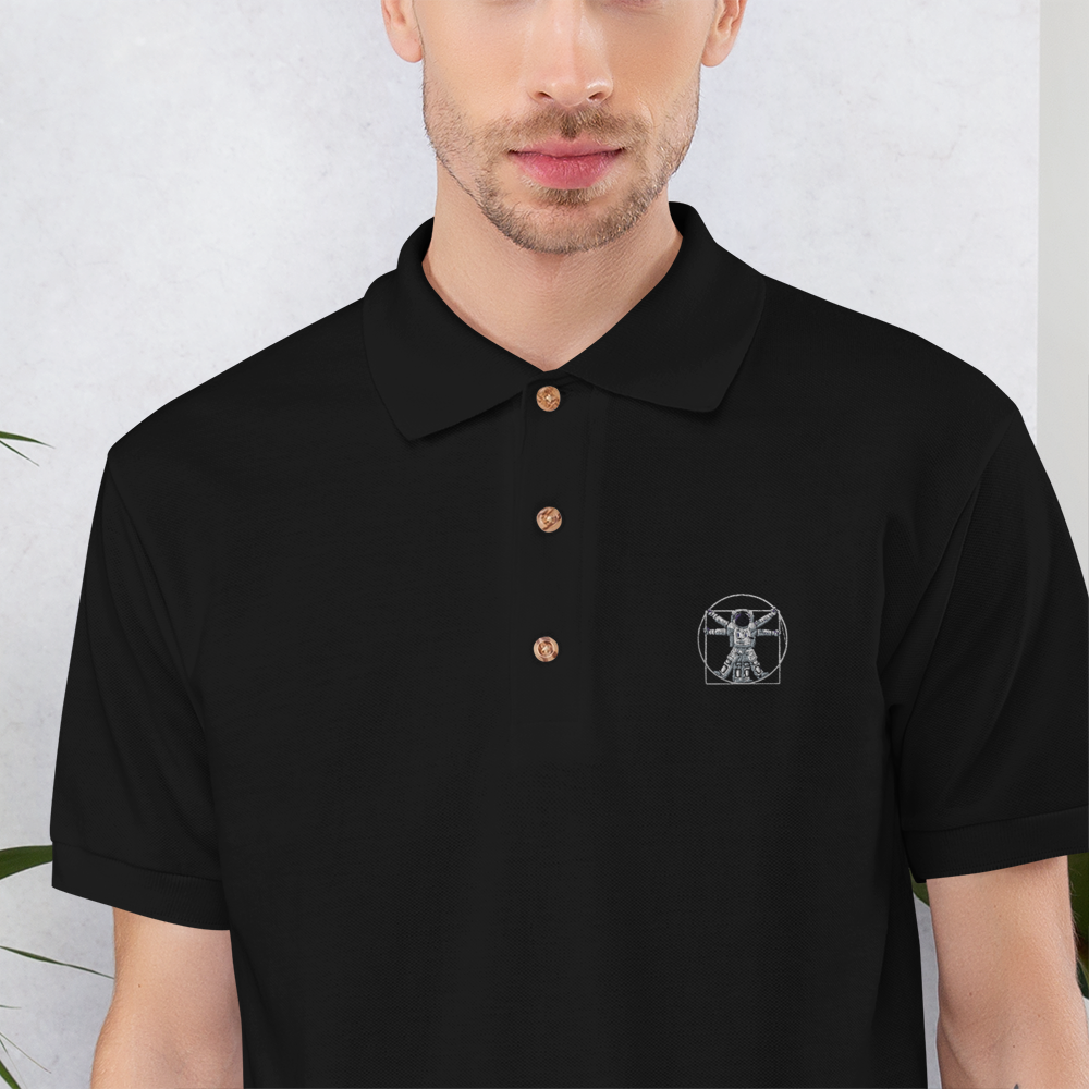 Vitruvian Astronaut Embroidered Black Polo Shirt