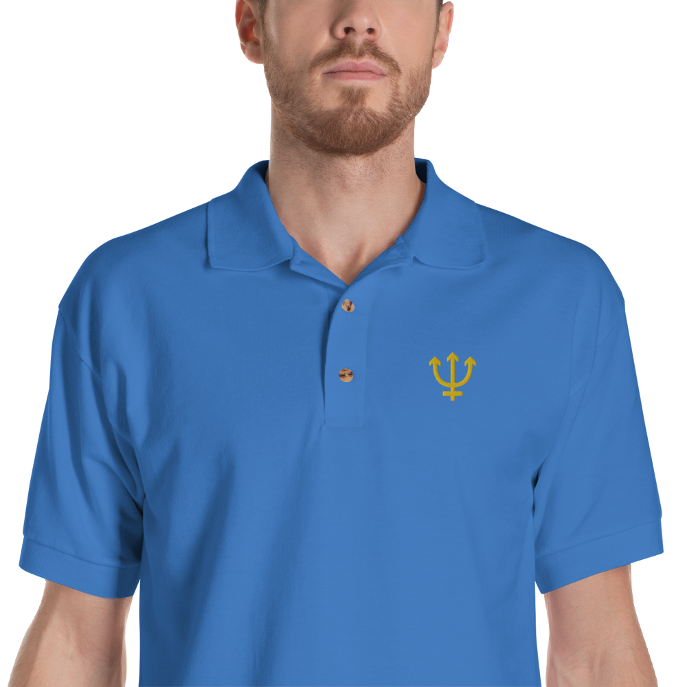 Neptune Solar System Symbol Embroidered Gold Text on Royal Blue Polo Shirt