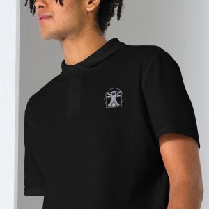 Vitruvian Astronaut Embroidered Black Pique Polo Shirt ( 100% cotton)