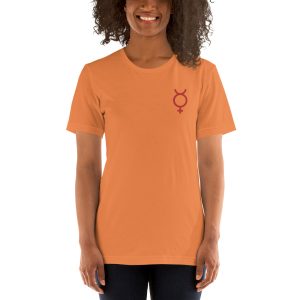 Mercury Solar System Symbol Embroidered Red Text on Burnt Orange T-Shirt
